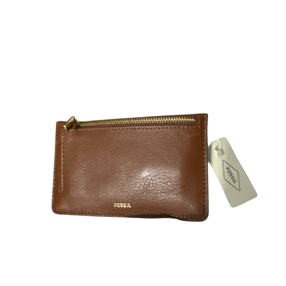 NWT Fossil Brown pebbled Leather card holder holds 4 cards zipper pocket cute 🥰